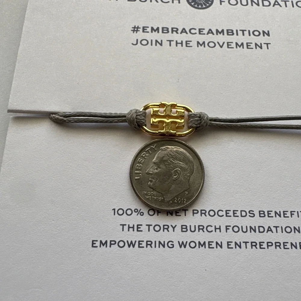 Tory Burch Embrace Ambition Grey Silk Cord Gold Gemini Link Bracelet Womens